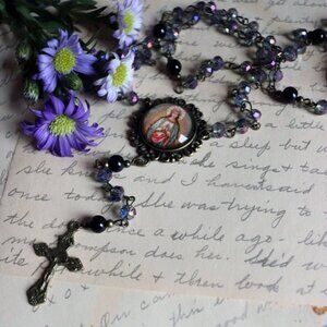 Antique Bronze Glass Beaded Vintage Rosary - Blue Accent Beads‎ - Catholic